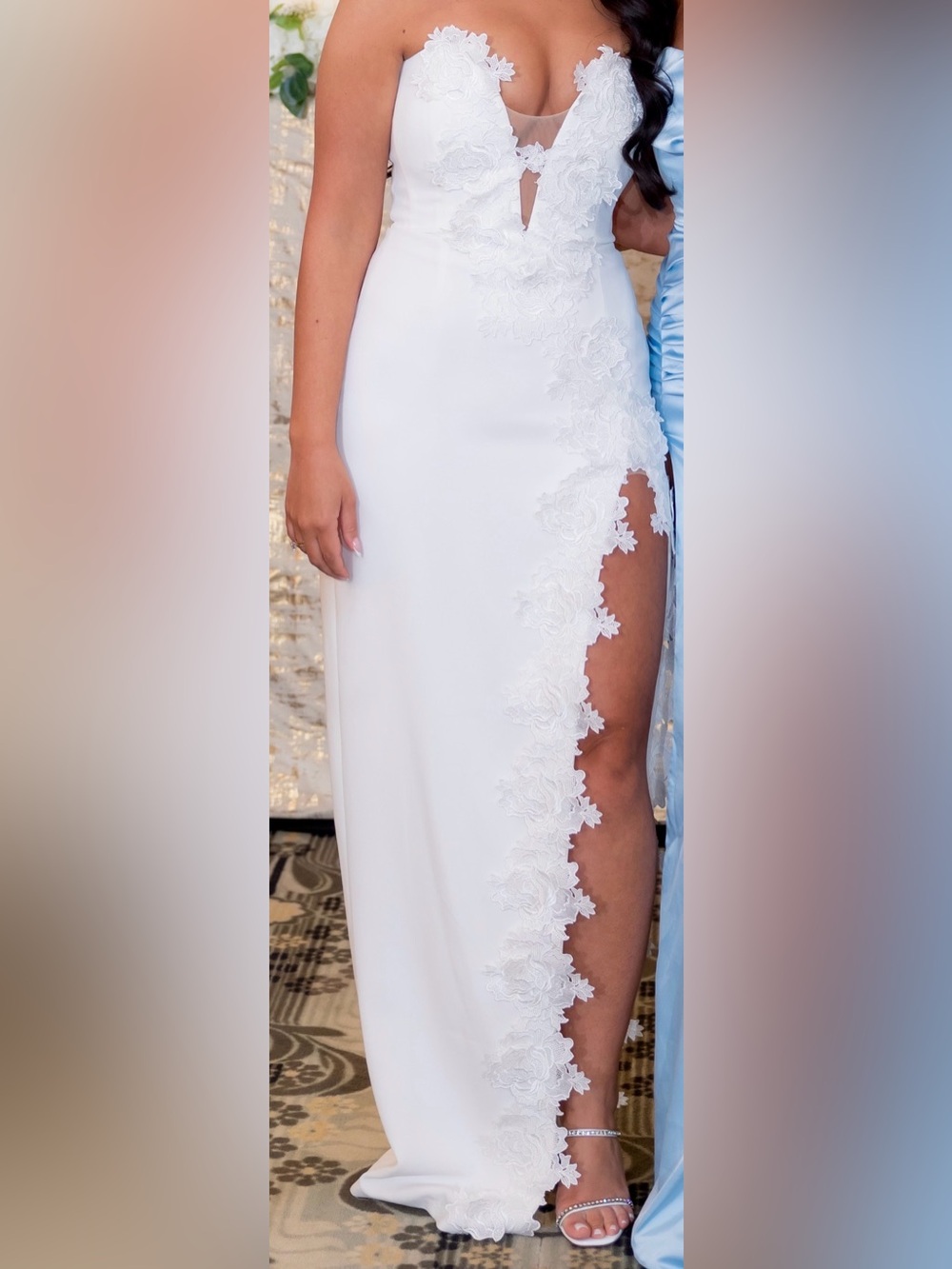 Elegant White Lace-Appliqué Evening Gown